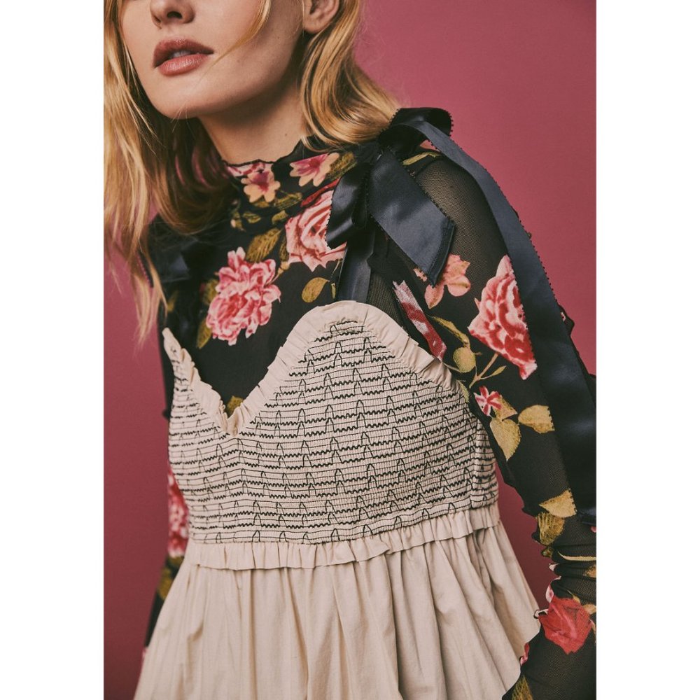 Free People Cream Tiered Maxi Dress with Black Tie Straps - Picture 6 of 13